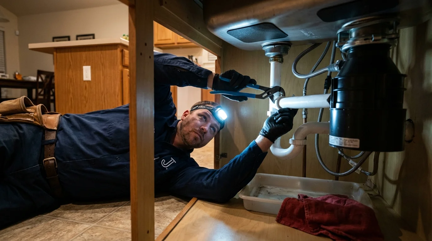 P-trap and supply line connections under a kitchen sink showing a common leak point in Westminster, CO